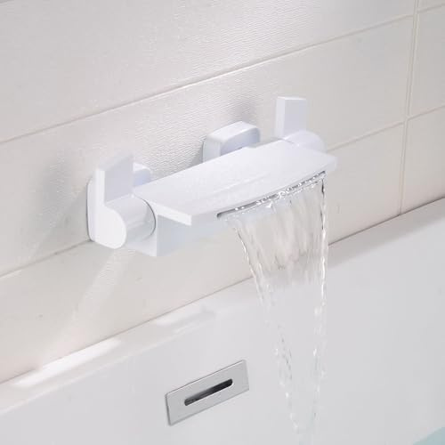 BiaoTeng Wandmontage Badewannenarmatur Badewannen Armaturen Wasserfall Doppelgriff Weißem Heiß und Kalt Messing Wannenarmatur Wasserfall Weiß
