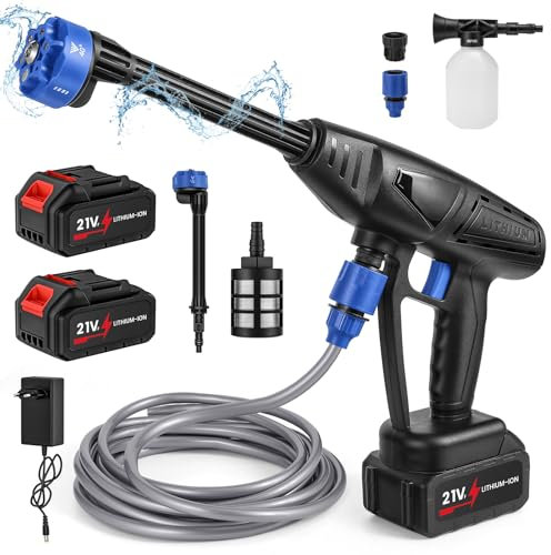 Nettoyeur Haute Pression Buse 6 en 1, 26Bar Nettoyeur Haute Pression san Fil avec 2× 10000 mAh Batteries, Tuyau de 5M, 3.5L/Min, 300W, Pistolet à Eau Haute Pression pour Jardin et Voiture