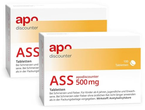 apodiscounter ASS 500 mg Tabletten (2x 100 Stück) - Schmerzmittel gegen Kopfschmerzen, Zahnschmerzen & Fieber - Entzündungshemmend & fiebersenkend
