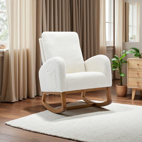JiaOyu Mecedora, cómoda silla de relax con respaldo alto y bolsillos laterales, sillón balancín acolchado suave con marco de madera, para salón, dormitorio y balcón