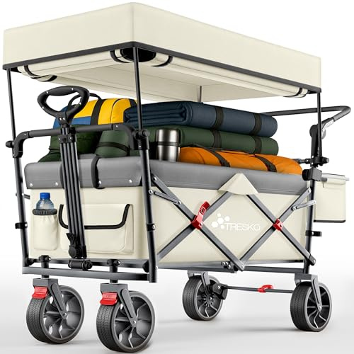 TRESKO® Bollerwagen Faltbar mit Dach, Kühlfach & Seitenrollos bis 150kg | Handwagen mit Vollgummireifen, Feststellbremsen (Vorne & Hinten) & 3-Punkt-Gurt | Transportwagen für Camping Outdoor Strand