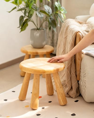 NKGIAG 2 Pack Small Solid Wood Stool, Round Wooden Step Stool, Plant Stand or Stool for Kids and Adults, Sturdy Non-Slip Wood Seat for Bathroom, Bedroom, Living Room, Easy to Assemble, Natural