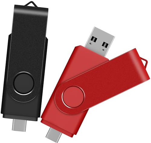 TEWENE USB C Memory Stick, 2-in-1(USB-A & Type-C) Pen Drive, Swivel Dual USB 3.0 Flash Drive, 2-Pack 64GB, with Lanyard for Mobile Phones and Computers