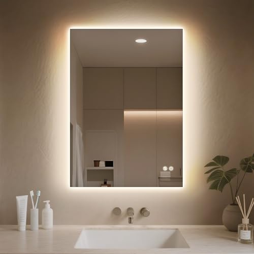 PINNIP Miroir Salle de Bain avec Eclairage, Miroir LED Salle de Bain, Anti-buée, 3 Couleurs Lumière, Dimmable, Mémoire, Verre trempé HD, IP44, Horizontal/Vertical (Rectangulaire, 60 x 45 cm)