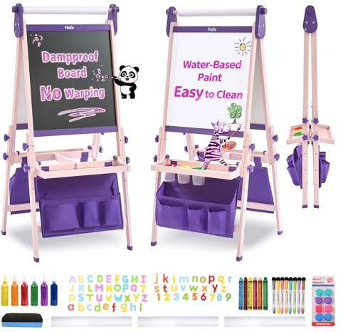 FUNLIO Faltbar Staffelei Kinder von 3–8, Anti-Warp-Board & Löschbarer Rahmen, Tafel Kinder mit Kreide, Magnet/Whiteboard und Papierrolle, 3 höhenverstellbar, All-in-One staffeleien – Lila Faltenbar