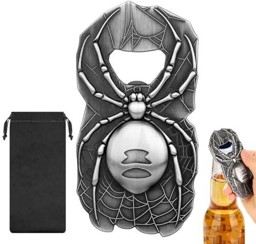 Spider Beer Bottle Opener, Kitchen Bar Tools, Quirky Gifts for Pet Spider Lovers, BBQ Party Accessories, Beer Gift for Dad Christmas Halloween Gifts for Men, Dark Silver Beer Opener with Pouch
