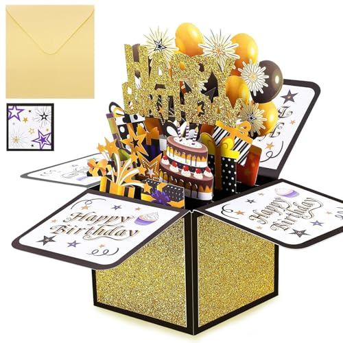 Födelsedagskort, 3D Pop-Up Happy Birthday kort, Handgjort vikbart kort med kuvert, Födelsedagspresent till fru, flickvän, män & vänner – Svartguld 18x19 cm