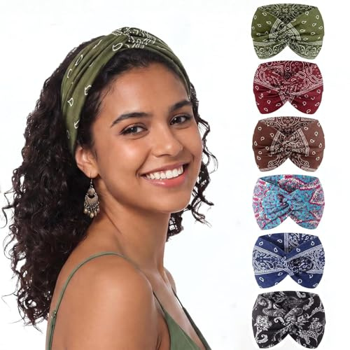 6 Stirnbänder Damen Breit Elastisch für Yoga, 23 x 15 cm | Elastisch Headband Weiches Schweißband, Geknotetes Boho-Design, Für Yoga, Joggen, Alltag Und Reisen