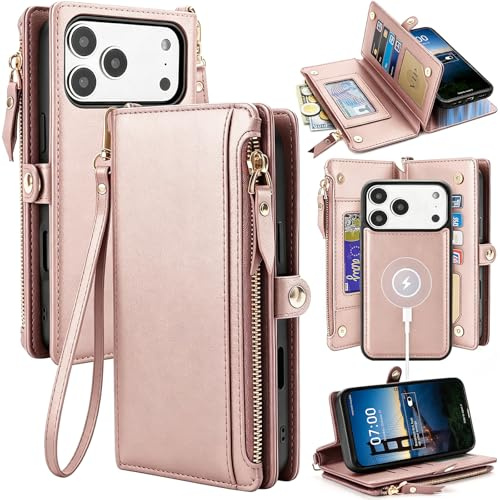 Palkitsee Kompatibel med Magsafe Magnetic 2-i-1 löstagbart iPhone 17 Pro Max plånboksfodral med kreditkortshållare kortsfack, PU läder RFID-blockering telefonfodral (roséguld, för iPhone 17 Pro Max)