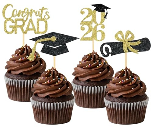24 Stück Glitzer 2026 Graduation Cupcake Toppers, Bachelor Deko für Abschlussfeiern und Partys, Abschlussfeier Cupcake Toppers, Ideal für Abi Geschenke 2026 und Bachelor Abschluss Feierlichkeiten