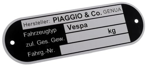 Typenschild PIAGGIOundCO. Genova kompatibel mit VESPA 125 GTR 125 VNL2T 2T | Schild schwarz, Aluminium geätzt, 80 × 25 × 0,6 mm, 2 Nieten; kompatibel mit VESPA PK 50 XL / Elestart 50 V5X3T 2T AC 85-90