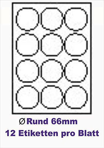 600 Stk. Selbstklebende HOCHGLÄNZENDE Weiße Etiketten permanent klebend Adressetiketten Markierungspunkte Etikettenformat RUND Ø 66,0mm , 50 Blatt DIN A4, 180g/qm, NUR geeignet für Inkjetdrucker (Tinte)
