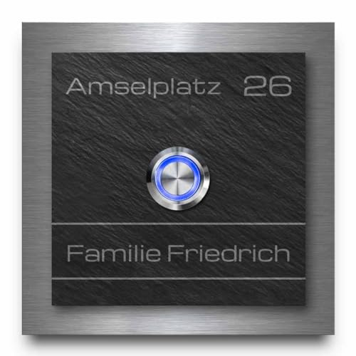 Edle Türklingel mit Gravur und LED-Klingelknopf - Klingel Modell Friedrich ab 10x10 cm mit Edelstahlrahmen | Personalisierte Gestaltung mit Text und Motiven