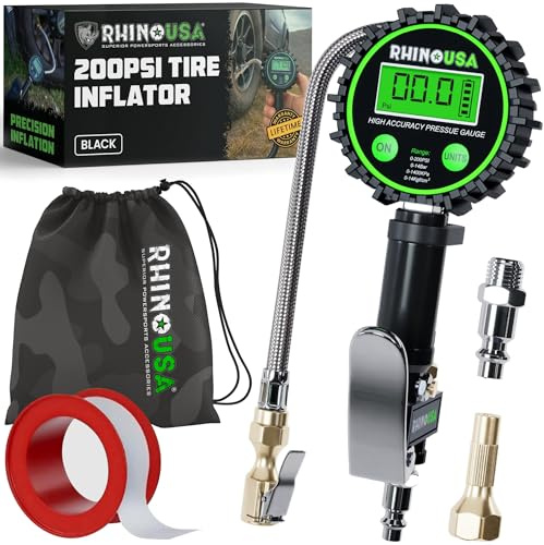 Rhino USA Digital Tire Pressure Gauge with Inflator (0-200 PSI) - Heavy Duty Air Chuck and Compressor Accessories with Stainless Braided Hose, Large 2 Dial and Solid Brass Hardware for Truck and RV