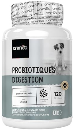 Probiotika för matsmältning hos hundar - 120 tarmkapslar - Stödjer tarmhälsa, gastrointestinal flora - Med laktobacillus, linfrö & prebiotika - Tarmrengöring & matsmältningsenzymer hund - animigo