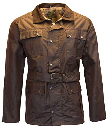 Walker and Hawkes - Grafton - Chaqueta de Estilo Motociclista para Hombre - Tejido Encerado Impermeable - con cinturón y 4 Bolsillos - Marrón - XS