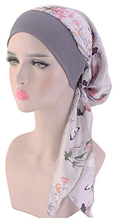 JUHONNZ Chemo Turban für Krebs,Chemo-Kappe mit Seidigen Schals Kunstseide Turban Kappe Elastische Kopfbedeckung Chemo Damen Kopfbedeckung für Krebs Frauen Chemotherapie (Grey-Flower)