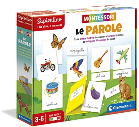 Clementoni - Sapientino Wörter Montessori 3 Jahre, Lernspiel zum Lesen, Sprachentwicklung mit Nomenklatur-Methode - Made in Italy, Mehrfarbig, 16362