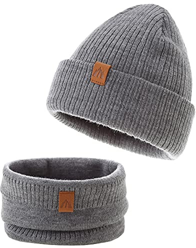 AHAHA Babymössa barn, pojkar, stickad vintermössa pojkar, varm mössa och halsduk för barn, Mörkgrå, M