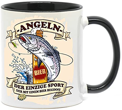 NICE-PRESENTS - Tasse - Angeln Sport, der mit Bier beginnt - Spülmaschinengeeignet Keramik Kaffeetasse lustig Motiv, Spruch, beidseitig bedruckt - Geburtstag, Fischer, Geschenkidee - Schwarz