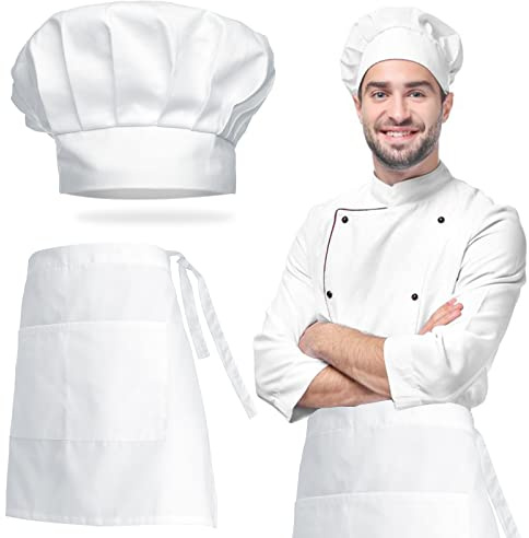 Cappello e Grembiule da Cuoco, Grembiule Pettorina Regolabile, Grembiule da Cuoco Bianco Traspirante, Grembiule da Cucina Corto per Uomini e Donne, Per Panettiere, Cucina, Casa, Ristorante e Hotel