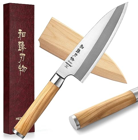 HEZHEN 18CM Deba Messer,Messer Asiatischer Art, Japanischer Stil Schmiedestahl Fische Lachs Filetieren Messer, Edelstahl Metzgermesser, Griff aus Olivenholz Holzscheide Scheide