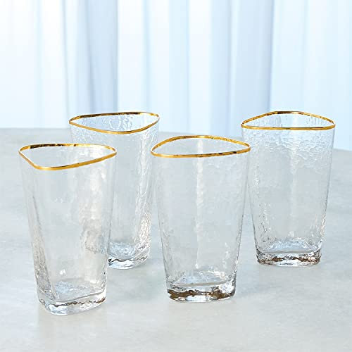 Global Views ~ S/4 Hammered High Ball Glasses-Clear W/Gold Rim Home Décor, Multi