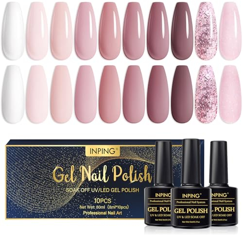 INPING Gel Nail Polish, 10 Colors Nude Candy Pink Series Nail Polish Set, Light Pink Dust White Pink Nude Pale Pink Glitter Nail Varnish Soak Off UV/LED Nail for Wedding Bridesmaid Nail Art