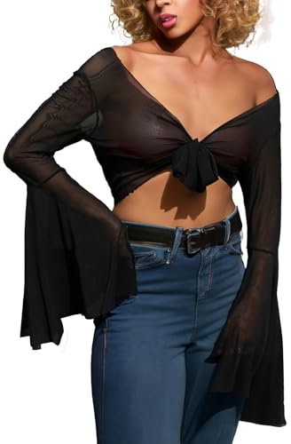 EVELUST Rave Bell Mesh Crop Top for Women - 70s Long Sleeve Tie Front Sheer Shirt Ruffle Fairycore Blouse Festival Outfits(Black,S,1087w)