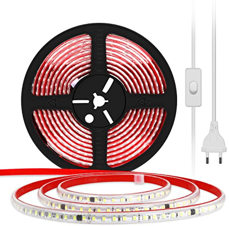 pcning LED Streifen SMD2835 220V 230V Direktanschluss 10M Kaltweiss, Sehr Hell LED Strip Selbstklebend mit Schalter 10 Meter IP67 Wasserdicht Streifen (Kaltweiß, 10M)
