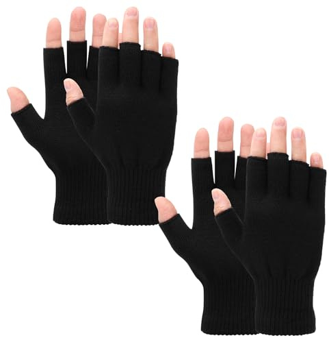 Grevosea 2 Pair Fingerless Gloves, Winter Half Finger Gloves Thickened Cashmere Warm Glove Knit Touchscreen Warm Stretchy Mittens Fingerless Glove for Men and Women Black+Grey