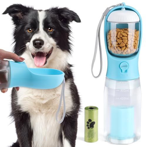 Alyvisun Dog Water Bottle with Food Container & Poop Bag | 600ml Portable Puppy Water Dispenser for Walking | Outdoor Drinking Cup for Pet Hiking, Travel
