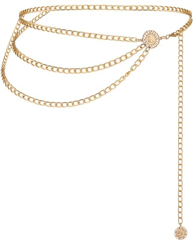 TIESOME Catena in metallo multistrato, catena argentata, graziosa cintura da donna, cintura lunga regolabile, Oro, 97 cm