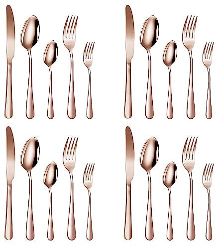 Couverts de Table Or Rose 4 Personnes, 20 pièces Ensemble de Couverts en Acier Inoxydable Comprend des Couteaux/Fourchettes/Cuillères, pour Maison, Cuisine, Restaurant, Hôtel, Cadeau de Noël