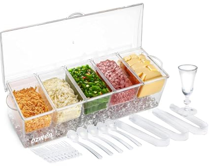 Ozwen Chilled Condiment Server Tray with 5 Compartment & Lid & Tongs & Spoons & Forks & Mini Cup, Garnish & Salad & Pizza Topping Station & Serving Container for Bars & Parties & Gatherings (4500ml)