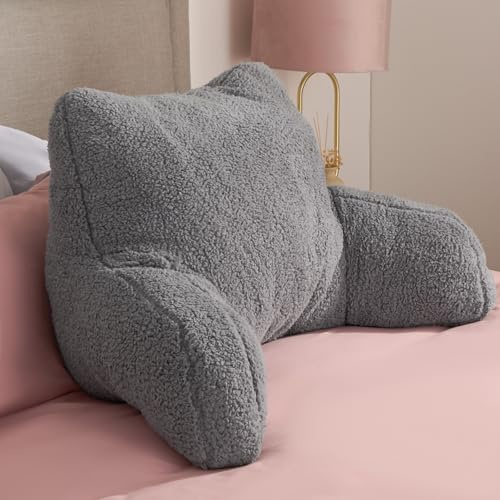 OHS Sit Up in Bed Pillow Cuddle Cushion, Reading Pillow Back Support Cushions Soft Cosy Snuggle Teddy Fleece Cushion for Bed Teddy Pillow with Arms Bed Seat for Relaxing Working - Grey