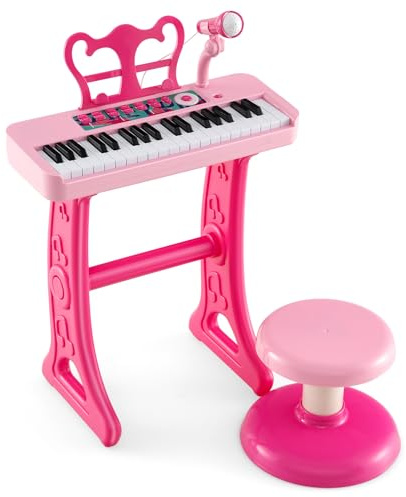 KOMFOTTEU Clavier 37 Touches pour Enfants, Effets sonores+Microphone, Rose | Piano pour enfants, 22 Beat/ 4 Tone/ 4 Rhythm, Piano électronique avec tabouret, Clavier pour enfants