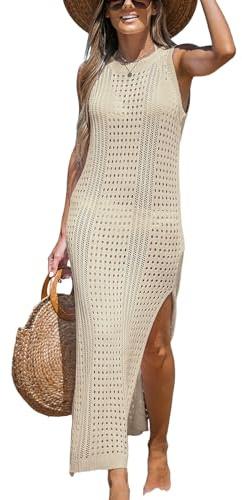 CUPSHE Damen Bikini Cover Up Crochet Bodycon Strandkleid Rundhals Ärmellos Strandponcho Sommer Beach Maxi Dress Beige S