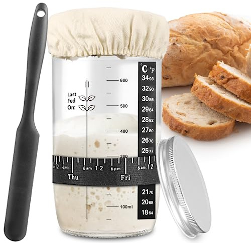 zunmial Sourdough Starter Jar 710ml, Glass Sourdough Starter Kit | with Date Feeding Band, Thermometer, Cloth Cover & Metal Lid, Reusable Sourdough Bread Baking Supplies, Home Baking Supplies