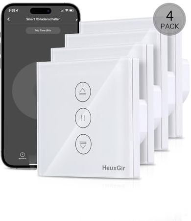 HEUXGIR Smart Roller Shutter Switch, 80 x 80 mm, 4 Pack, WiFi Shutter Control, Timer, Compatible with Alexa and Google Home, Neutral Conductor Required