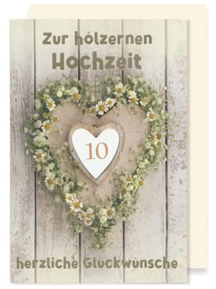 AvanCarte Hölzerne Hochzeit Grußkarte Hochzeitstag Blütenkranz Applikation Herz 16x11cm
