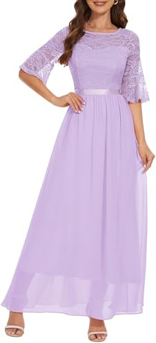 Wedtrend aftonklänning elegant för bröllop, elegant maxi, spetsklänning, rund hals, cocktailklänning, chiffongklänning med utsvängda ärmar, Lavendel, S
