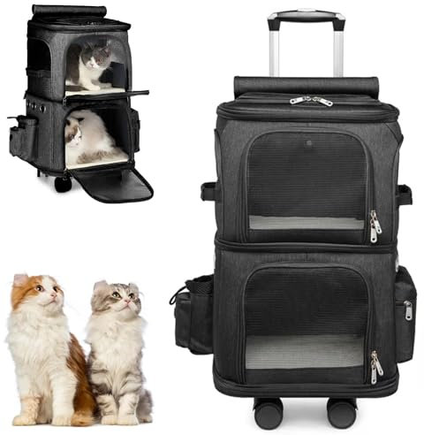 RUYICZB Sac À Dos pour 2 Chiens/Chat, Sac À Dos avec Roues, Sac De Voyage pour Animaux De Compagnie, Grand Sac De Transport pour Les Voyages, 2 en 1 Trolley Chariot Sac À Dos,Noir