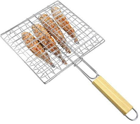 Parrilla de pescado para camping, cesta para barbacoa de pescado | Cesta portátil para parrilla de camarones – Cesta portátil para camarones, mango de madera resistente al