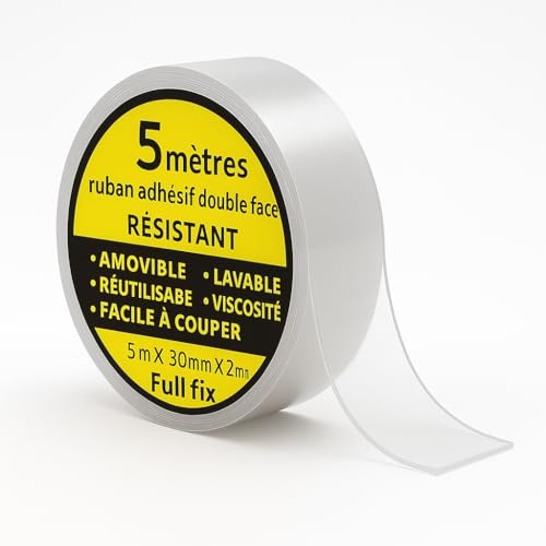 Double Face extra fort,Ruban Adhésif Nano – Ultra Résistant & Réutilisable – 5m x 30mm x 2mm – Lavable, Amovible – Fixation Murale Sans Perçage – Maison, Bureau, Cuisine – Full Fix
