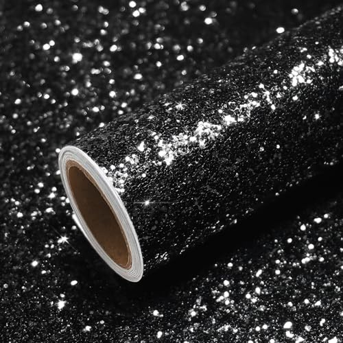 VEELIKE Glamouröse Schwarze Klobige Glitzerfolie Selbstklebend Chunky Glitzer Tapete Luxury Vintage Möbelfolie Glitzer Deko Wohnzimmer Schlafzimmer Tisch Festliche Party Dekoration 40cm x 300cm