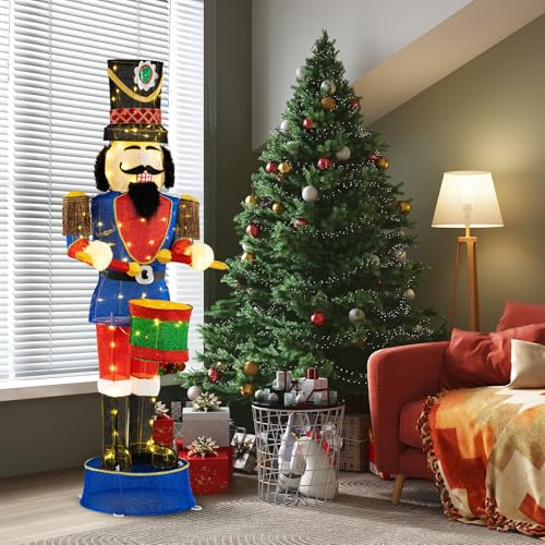 COSTWAY Cascanueces Navidad Grandes 185cm, Soldado Cascanueces Iluminado con Tambor, 100 Luces LED, Figura Navideña de Pie con Bridas y Estacas, Decoración Navideño Interior y Exterior