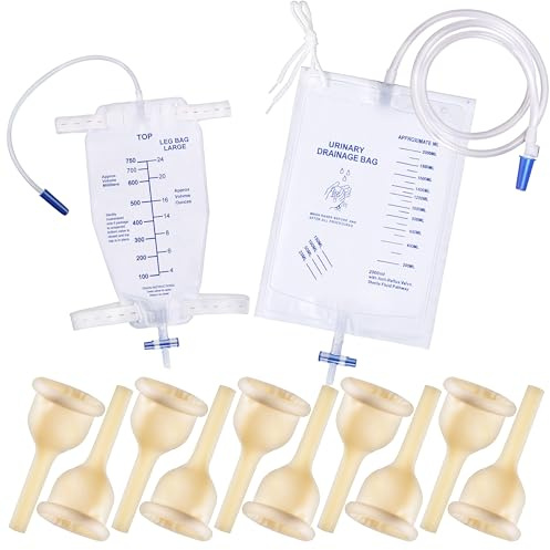 Juego de 10 catéteres de látex con 1 bolsa de drenaje urinario de 2000 ml y 1 bolsa de pierna de 750 ml para uso diario y nocturno, tira adhesiva externa autosellante a prueba de fugas para hombre (40