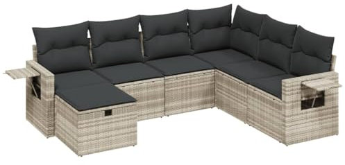vidaXL Garten Sofagarnitur mit Kissen 7-TLG., Gartenmöbel Gartengarnitur, Sitzgruppe Sitzgarnitur, Lounge Sofa Garnitur Terrasse, Hellgrau Poly Rattan