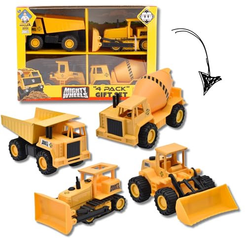 Mighty Wheels Steel 4 Pack of 4.75 Truck Toys - 1 x Dump Truck, 1 x Front Loader, 1 x Cement Mixer and 1 x Bulldozer Toys - Construction Toys for 3+ Year Old Boys and Girls